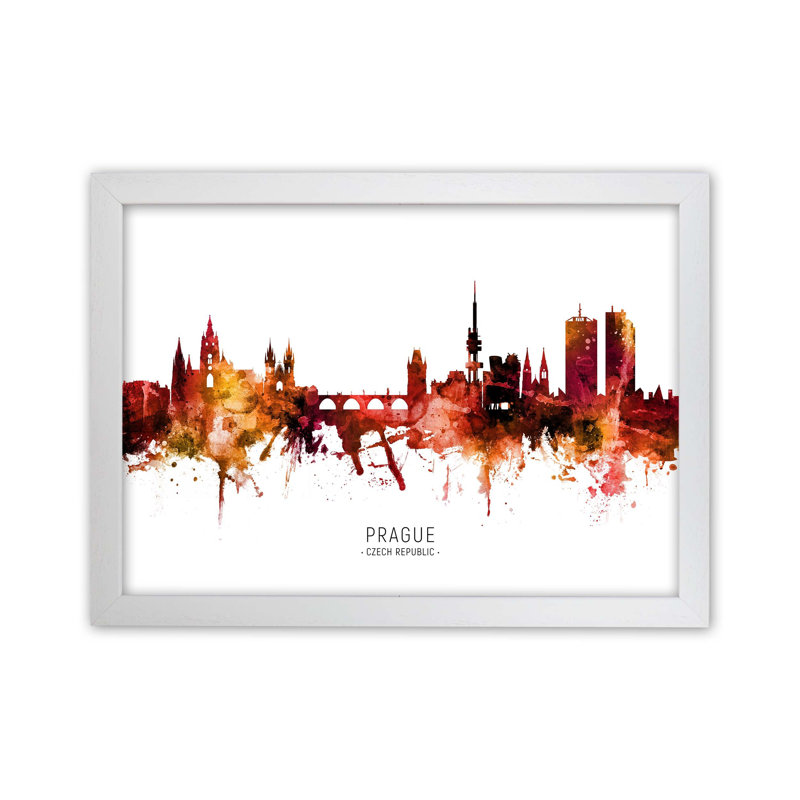 Prague Czech Republic Skyline Red City Name by Michael Tompsett - 1 Piece Wall Art, 21cm H x 29.7cm W x 3cm D, White Framed