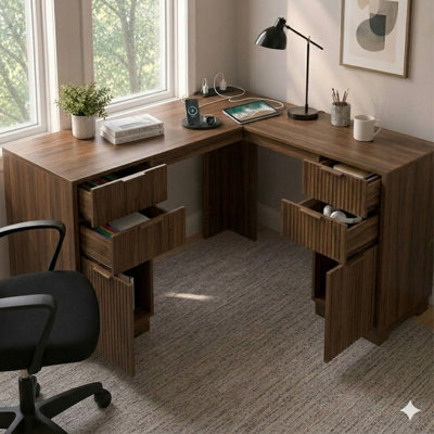 60"W L-Shaped Desk With 2 USB Ports and 3 Power Ports, Storage