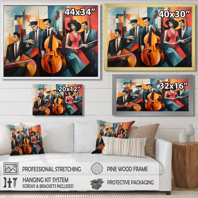 Cubist Jazz Quintet With Double Bass - Musician Wall Art Decor, Toile avec cadre flottant noir, H 12 po x l 20 po x P 1 po
