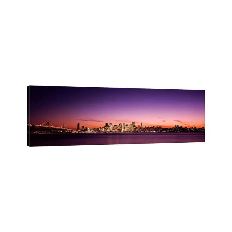 Suspension Bridge with City Skyline at Dusk, Bay Bridge, San Francisco Bay, San Francisco, California, USA 1 Piece Wrapped Canvas Panoramic Wall Art