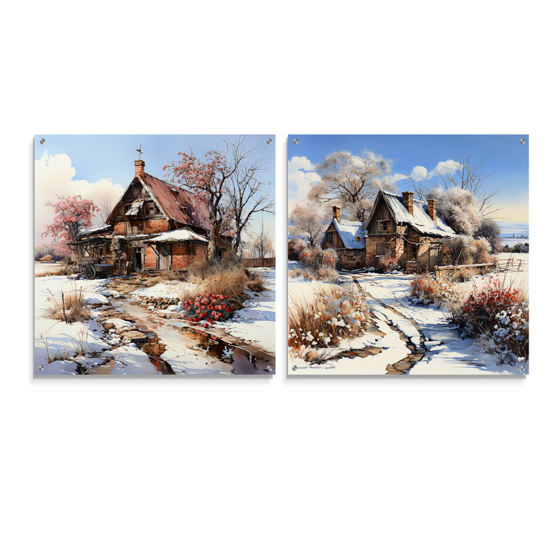 Barn Charm In Winter - Barn Acrylic Wall Art Glass Set Of 2, 16" H x 33" W