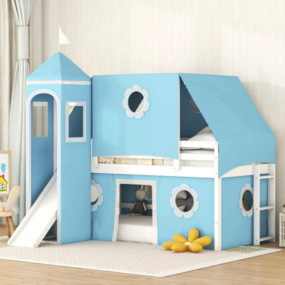 Twin Loft Bed with Slide, Blue Castle Tent & Tower – Kids Playhouse Bed, Solid Pine Wood - Blue