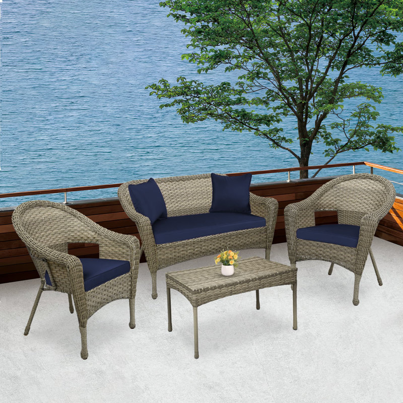 Yamada 4 - Person Patio Conversation Set with Cushions, Gray, Midnight Blue
