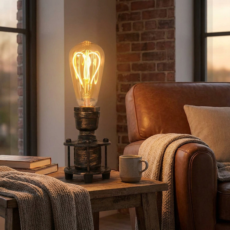 Industrial Edison Table Lamp with Vintage Metal Pipe Base, Rustic Loft Desk Lamp for Bedroom, Nightstand, Coffee Bar and Living Room