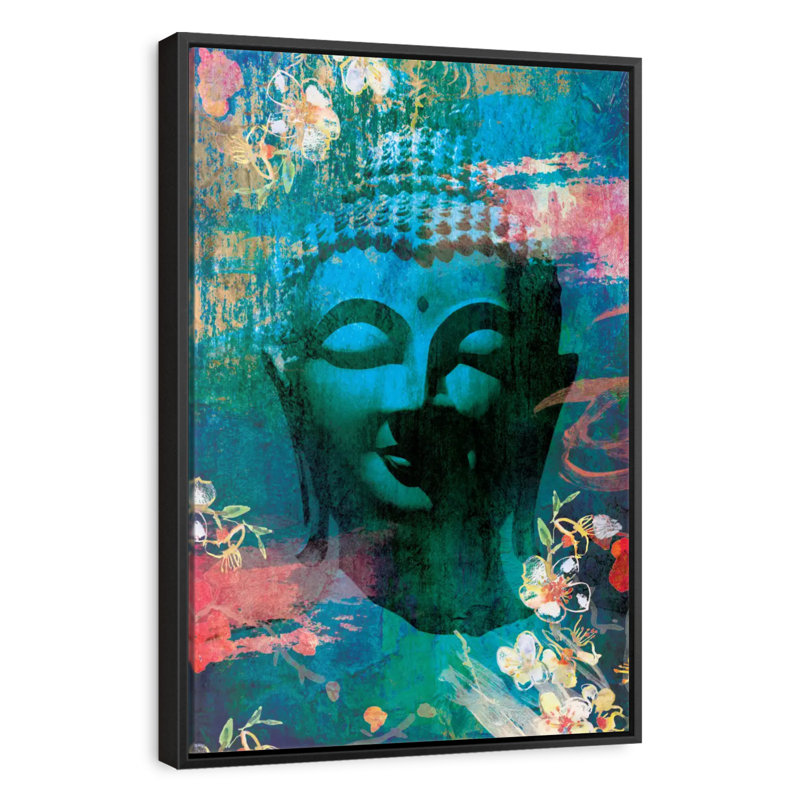 Tête de Bouddha fleurie I, Cadre flottant noir, 21 po x 31 po