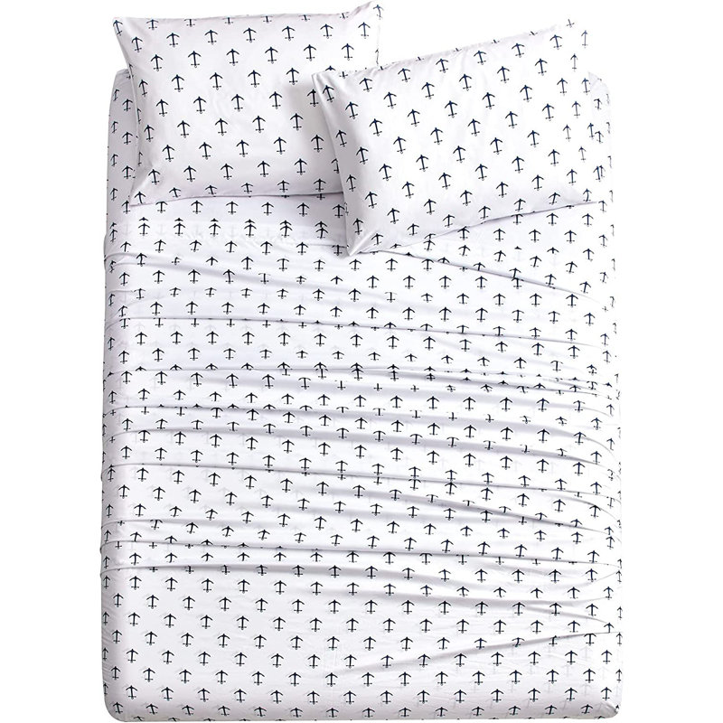 Microfiber White Navy Anchors Nautical Sheet Set, Twin Sheet Set with 1 Pillowcase, Geometric 1