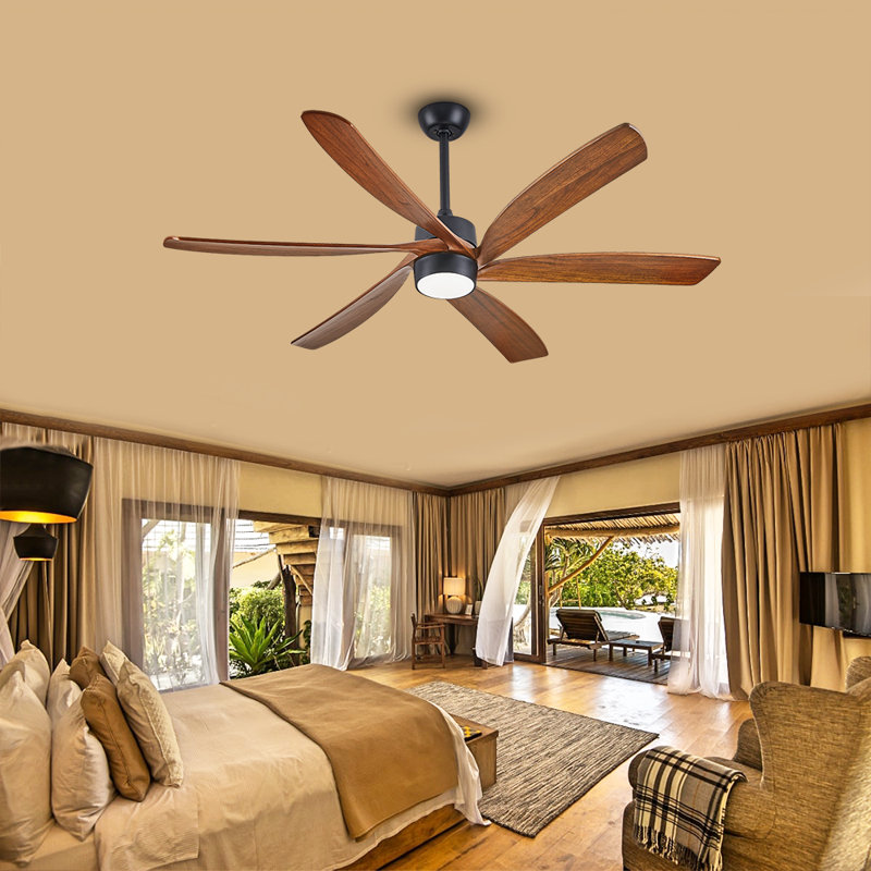 6 Blade Walnut Finish Solid Wood Ceiling Fan With Light, 62" Wide