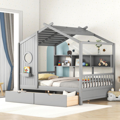 Lit double en bois avec 2 tiroirs, lit pour enfant avec tablette de rangement