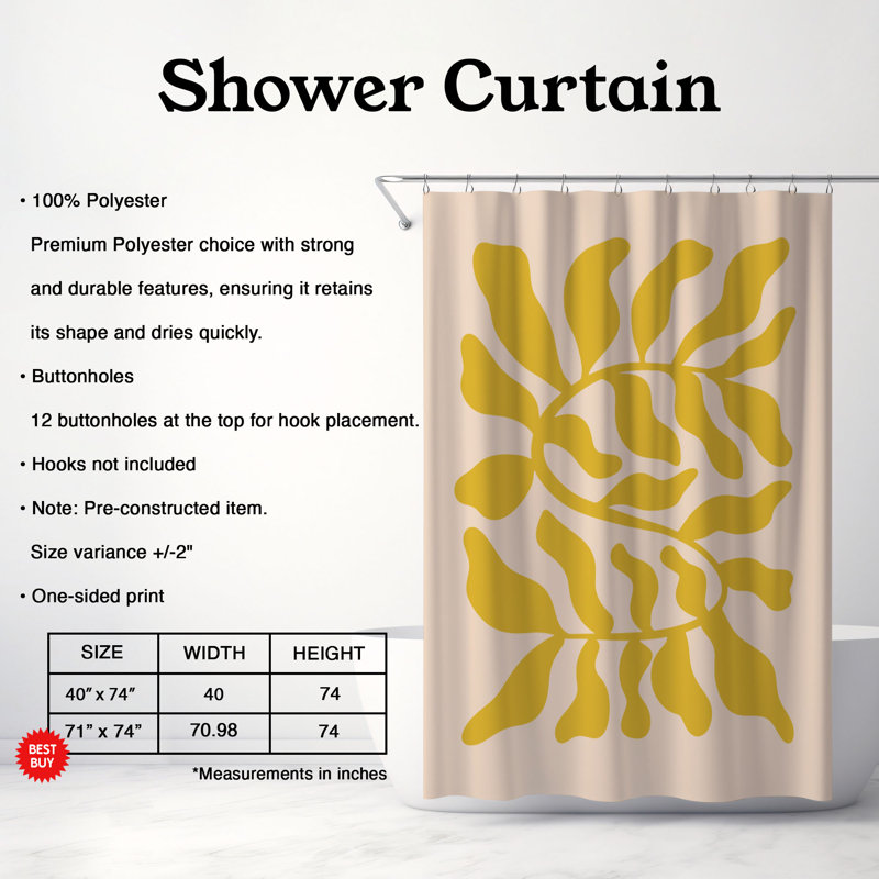 Rideau de douche standard jaune 1 pièce, H 74 po x l 71 po