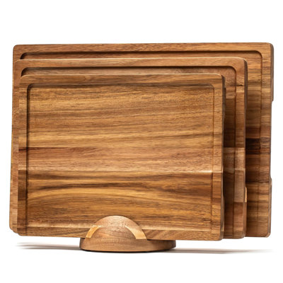 3 Pack Acacia Wood Cutting Boards Set With Holder for Kitchen