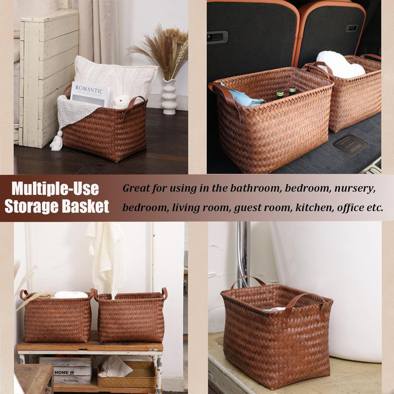 Handwoven Laundry Hamper Basket Set With Vegan Leather Handles, Large Wicker Storage Organizer For Blankets, Toys, And Clothes, Stackable And Space-Saving Design For Home And Office Use
