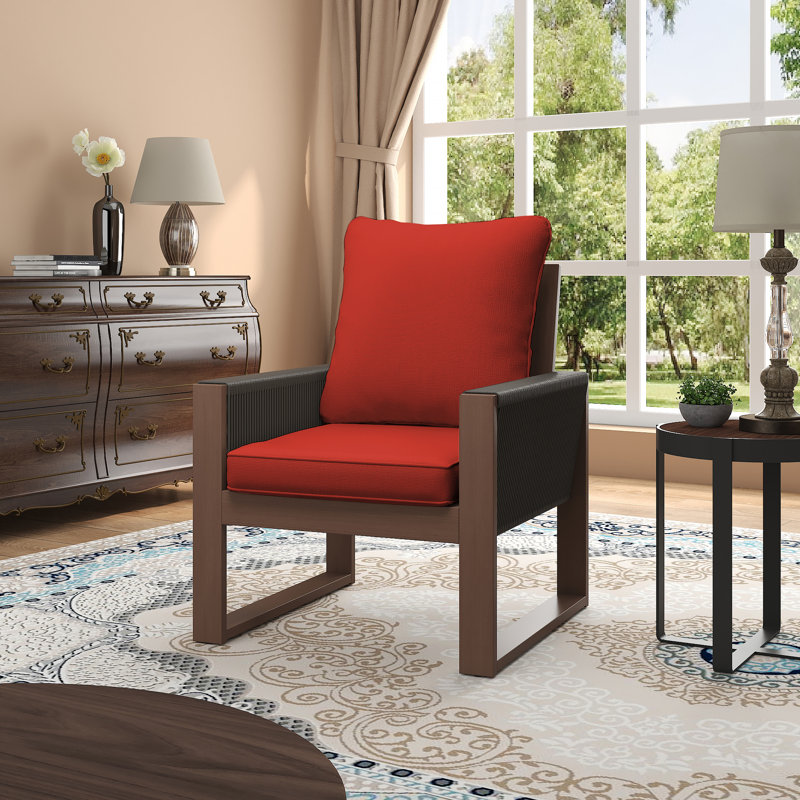Chaise longue d'extérieur avec cadre en rotin tissé et en bois, fauteuil de patio avec coussins épais, Rouge