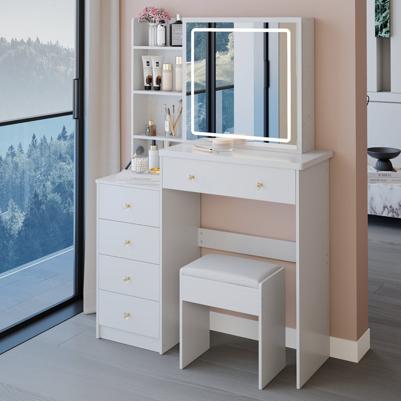 37" Middle Size Left Bedside Cabinet Vanity Table + Cushioned Stool, Large Sliding, Touch Control, Tri-Color Switching, Brightness Adjust LED Mirror, High Capacity Storage, Suitable For Middle Space
