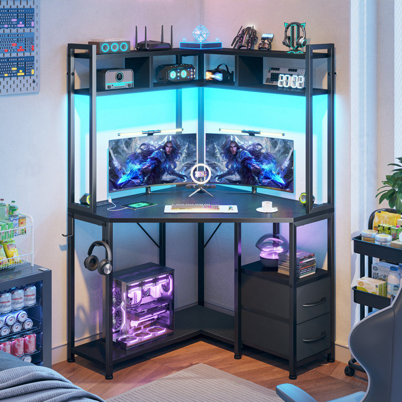 Bureau de jeu d'ordinateur de coin peu encombrant avec lumières DEL, prises de courant et tablettes, Noir