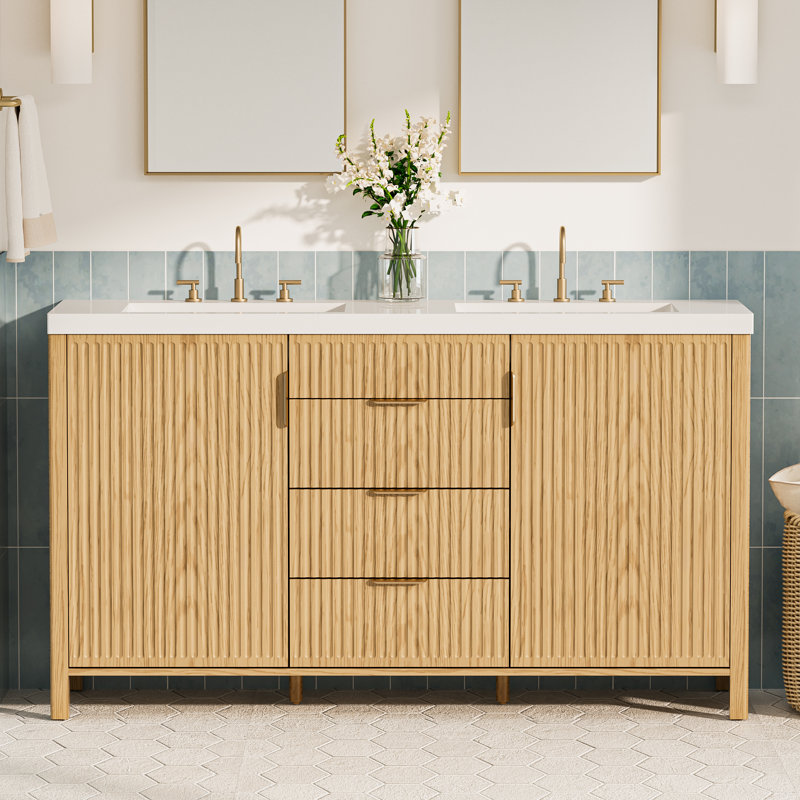Meuble-lavabo autoportant avec lavabo à poser et à encastrer, assemblage requis, Bois, Double Sinks, 60"