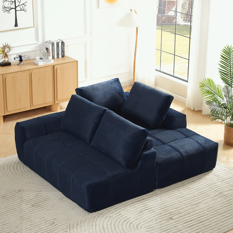 Canapé modulaire en L surdimensionné avec coussin moelleux, Orienté à droite, Imitation fourrure bleu foncé