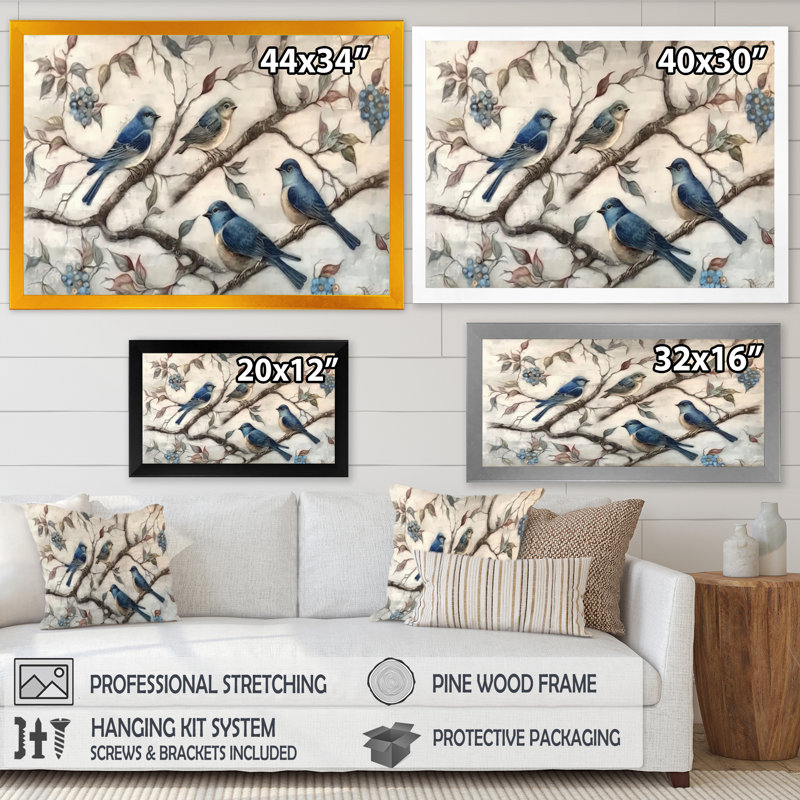 Quatre oiseaux bleus rétro sur une branche II - reproduction sur toile, Impression noire sur toile encadrée