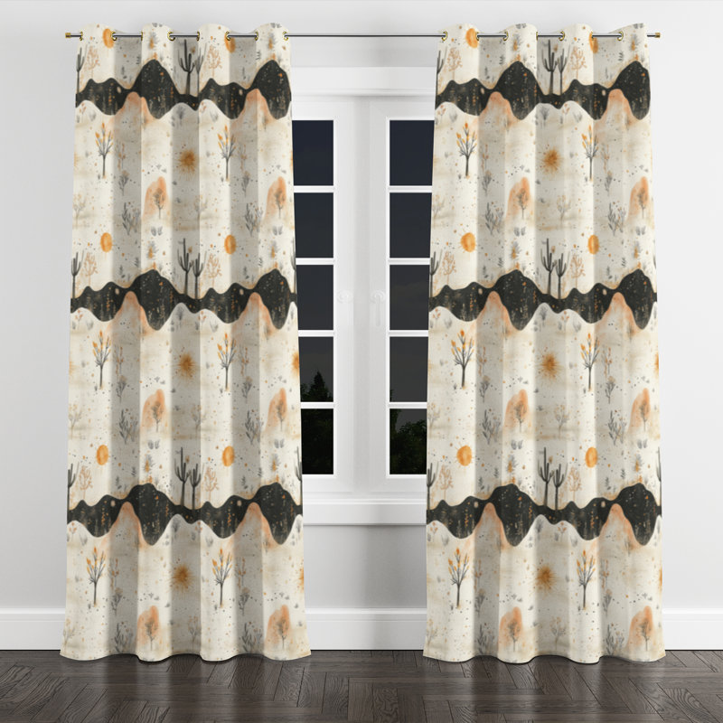 Abstract Room Darkening Curtains - Orange Boho Desert Minimal Grommet Curtain - 1 Panel, Gold Grommets, 52" W x 90" L