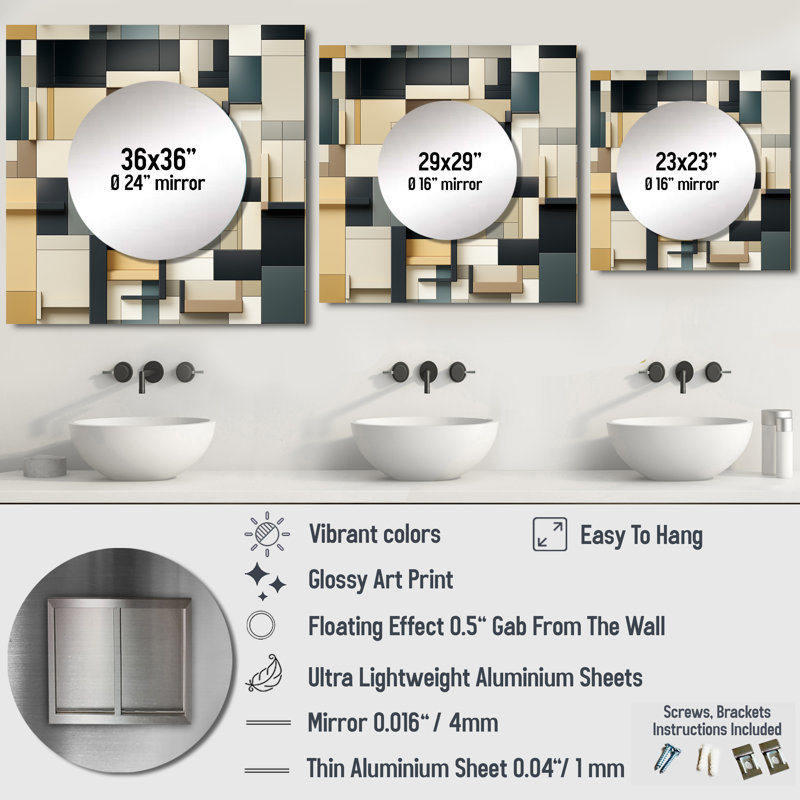 Blocs géométriques taupe Harmony I - Grand miroir carré moderne pour décoration murale, 23 po x 23 po