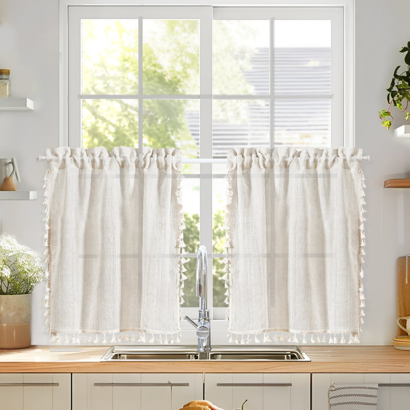 Modern Rustic Faux Linen Tassel Topper Kitchen Curtains for Living Room/Bedroom, 24" W x 26" L