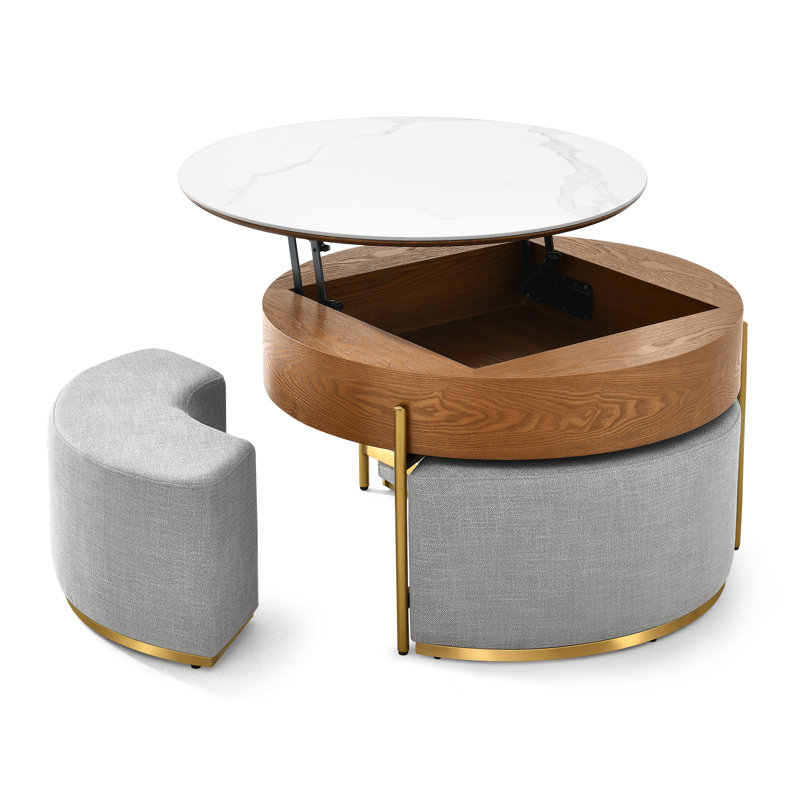 Bulverde Lift Top Extendable Frame Coffee Table with Storage 3 Stools, Stainless Steel Legs