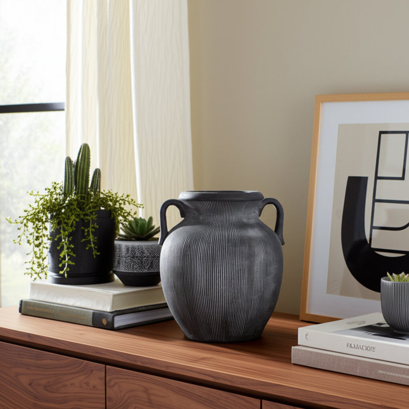 Stoneware Dolomite Vase with Ribbed Texture and Dual Side Handles for Casual Home Decor Transitional Style Accent with Sculptural Design and Durable Craftsmanship for Indoor Display Versatility