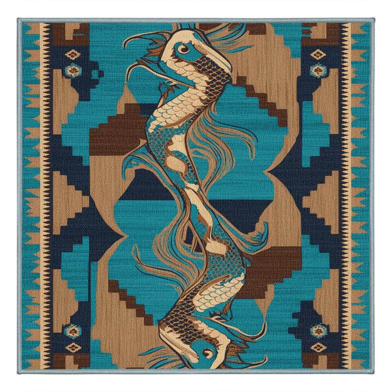 Washable Koi Fish Southwestern Area Rug, Square 4'