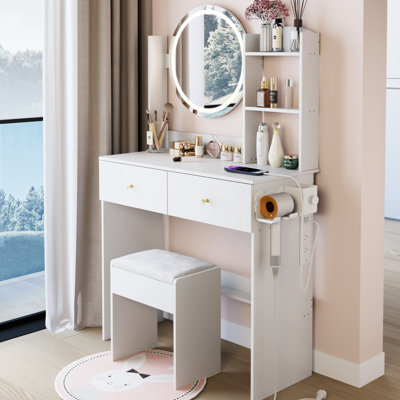 17" Round Led Mirror Vanity Table With Cushioned Stool, 3 - Color Brightness Adjustable , Touch Operated, Built In 2 Ac + 1 Type C Ports, High Capacity Storage, American Design, White Ensemble Setup