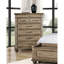 Mobilier de chambre à coucher formel Ensemble de 3 pièces pour grand lit avec table de chevet et coffre en chêne vieilli avec rangement rembourré en tissu beige-129372671
