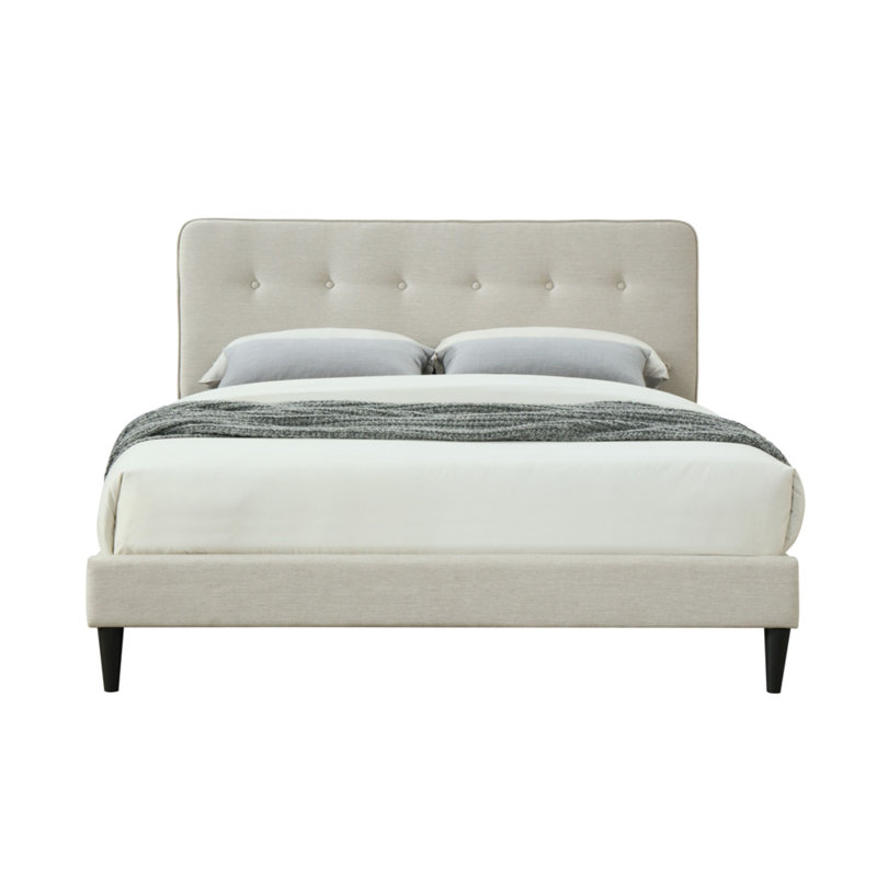 Lit plateforme tapissier avec tête de lit capitonnée et lattes en bois, Lit double 