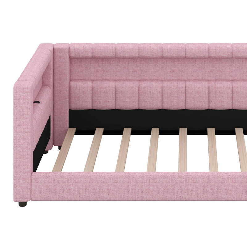 Upholstered Daybed With Storage, L-Shaped Daybed With LED Belt And USB Ports, Extra-Long Twin, Pink