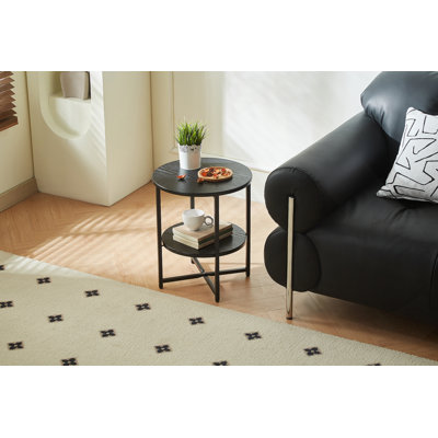 Table d'appoint compacte ronde à 2 niveaux, décor campagnard pour petits espaces, table de chevet avec tablette de rangement, noir