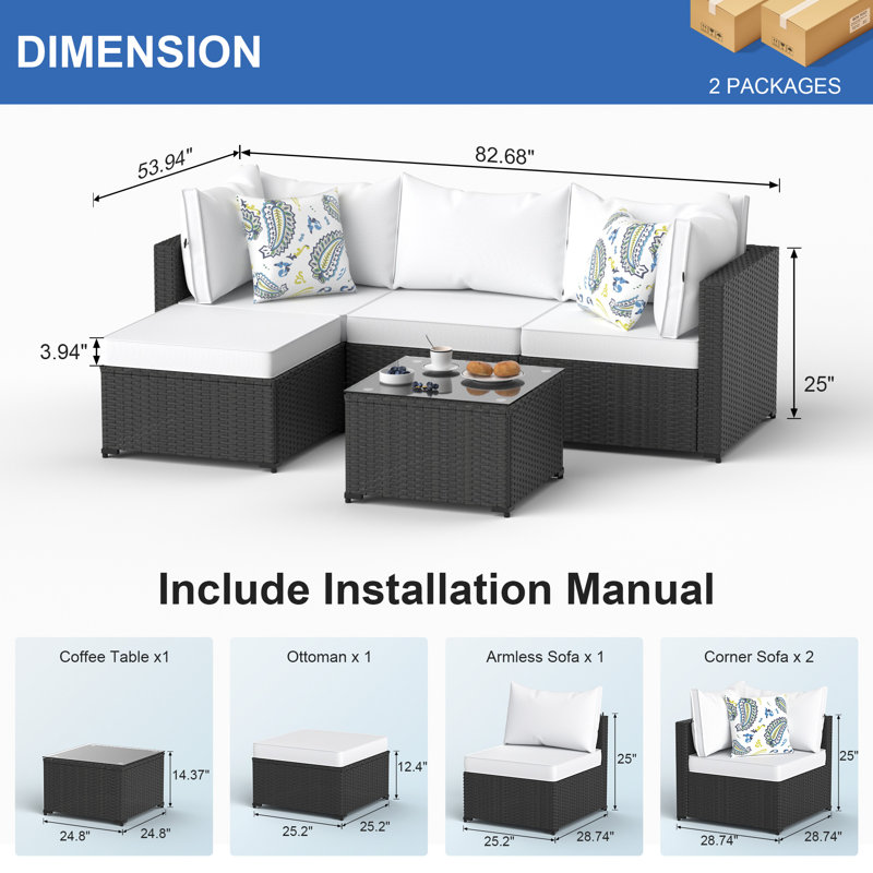 5 Pcs Outdoor Conversation Sets Outdoor Sectional Sofa W/ Cushion & Ottoman, White