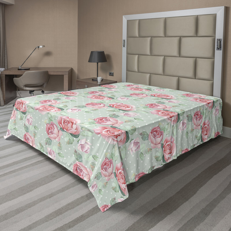 Drap plat Ambesonne, Drap plat de taille double, Floral rose / vert