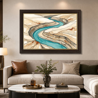 Curving Teal River Through Tan Canyon Strata Layers Canvas Wall Art