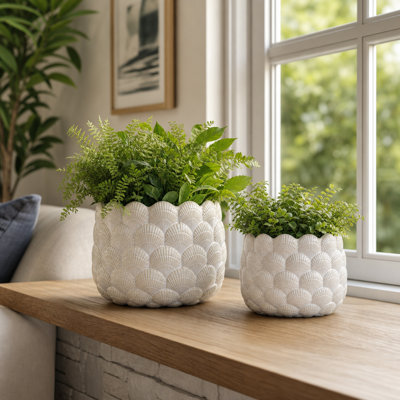 Textured Seashell Ceramic Outdoor Planter for Living Room and Home Decor - Coastal Indoor Flower Pots for Patio Styling - Set of 2, 9", 7", White