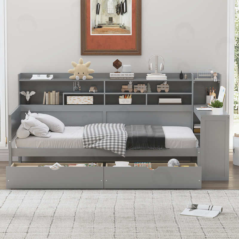 Lit de jour simple avec tablettes de rangement et bureau d'étude, Gris, Lit simple