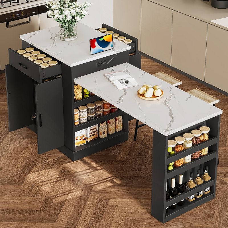 Armoire décorative, console d'îlot extensible avec tiroirs, armoire à deux portes et tablettes ouvertes, Noir