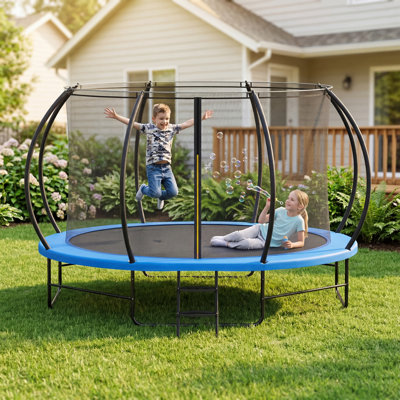 Trampoline bleu robuste de 14 pi pour tous les âges, cadre galvanisé de 1760 lb avec filet de sécurité et échelle