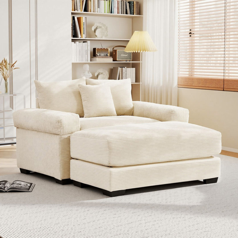 Très grand fauteuil de lecture 54,5 po en velours côtelé avec repose-pieds, Beige, 1 repose-pieds