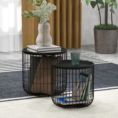2 tables basses rondes avec panier en acier, plateaux amovibles, rangement dans le salon, noir, peu encombrant et polyvalent, tables de bout empilables pour l'enchantement, noir