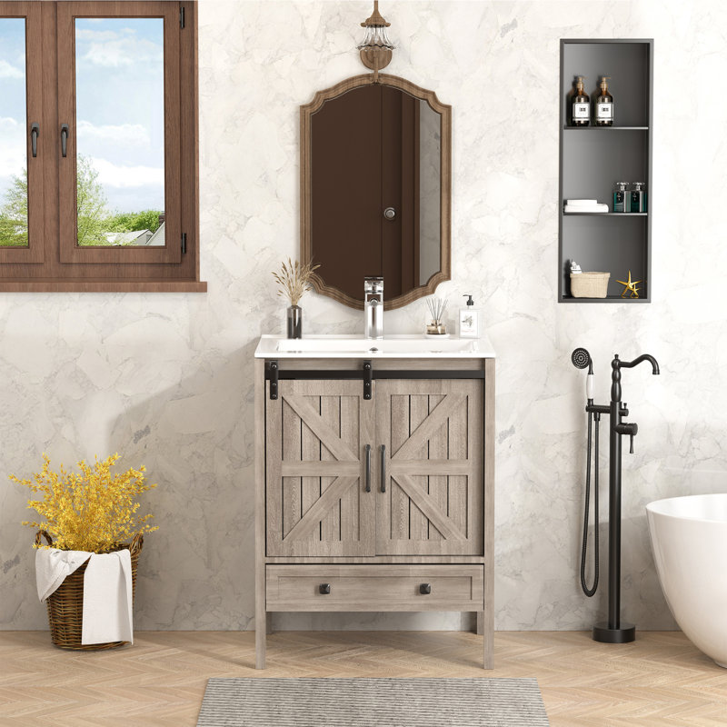 24" Farmhouse Bathroom Vanity With Sink, Sliding Barn Door Small Single Vanity Set, Natural