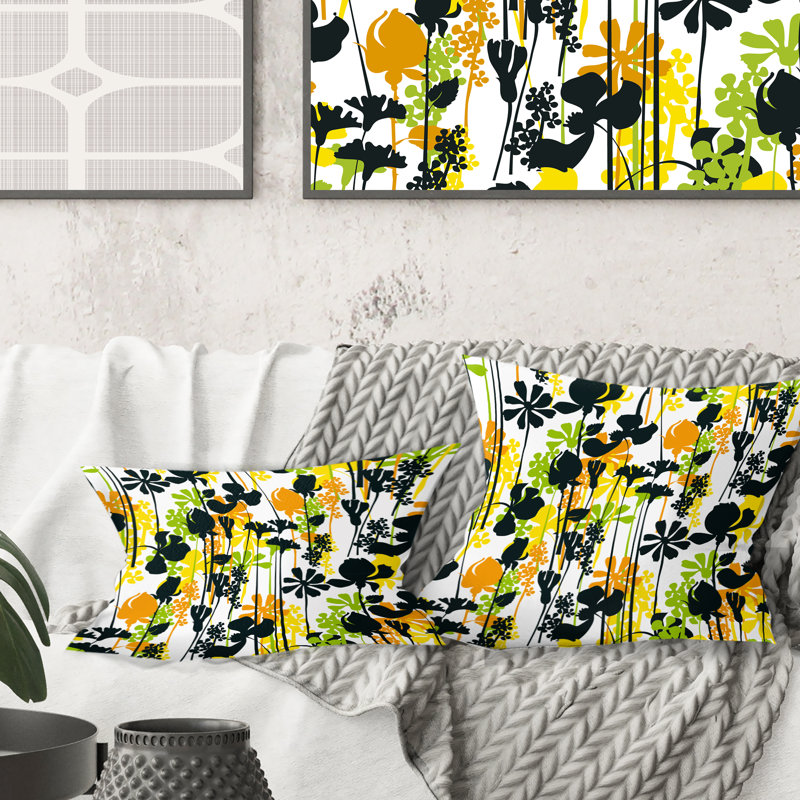 Motif de pré d'été, silhouettes noires - Coussin Mid-Century, 18 po x 18 po