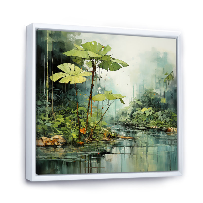 «Tropical Jungle River II» - art mural bord de mer tropical, Cadre flottant blanc, H 16 po x l 16 po x P 1 po
