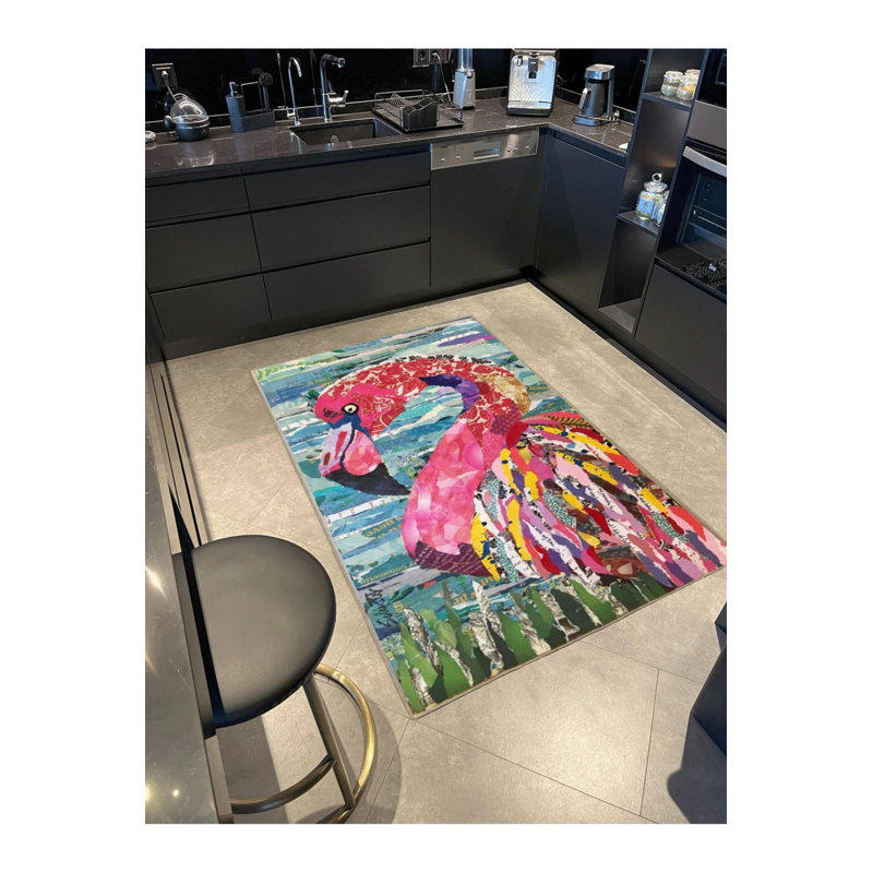 Pink Blue Themed Sea And Flamingo Patterned Creative Modern Decorative Carpet, Runner 3'4" x 9'11"