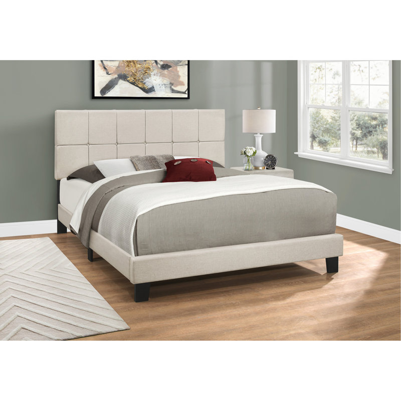 Lit, grand lit, tapissier, aspect lin beige, pieds en bois noir, transitionnel