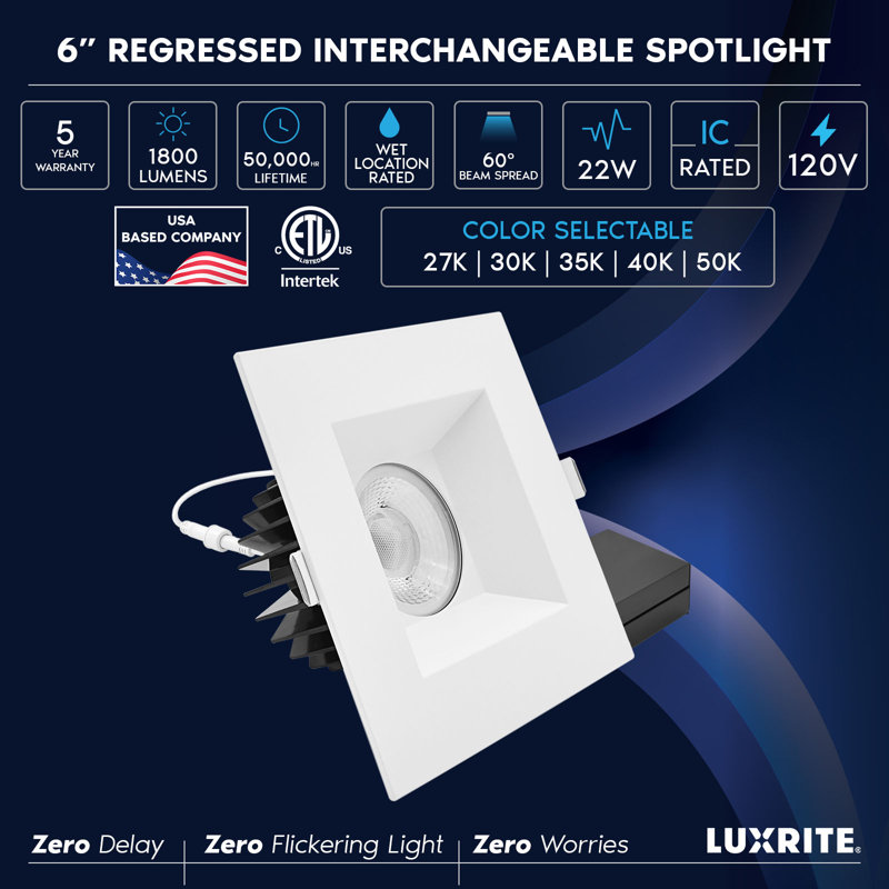 Luminaire encastré à DEL luxueux de 6 pouces avec bordure carrée blanche LUXRITE, 22 W, 1 800 lm, 5 TCC, faisceau de 60 °, intensité variable, Twist-N-Lock, CRI90, ETL, paquet de 4