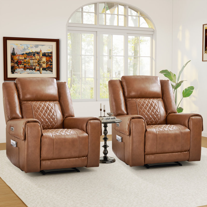 37.8" Wide Modern Top Genuine Leather Dual Motor Power Recliner With Adjustable Headrest And Cupholders (Set Of 2)