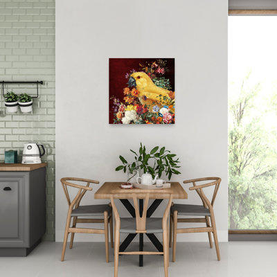Golden Parrot Bloom Classic Colorful Elegant Bird Fruit Nature Wall Art Print by Marja Van Den - Wrapped Canvas Print