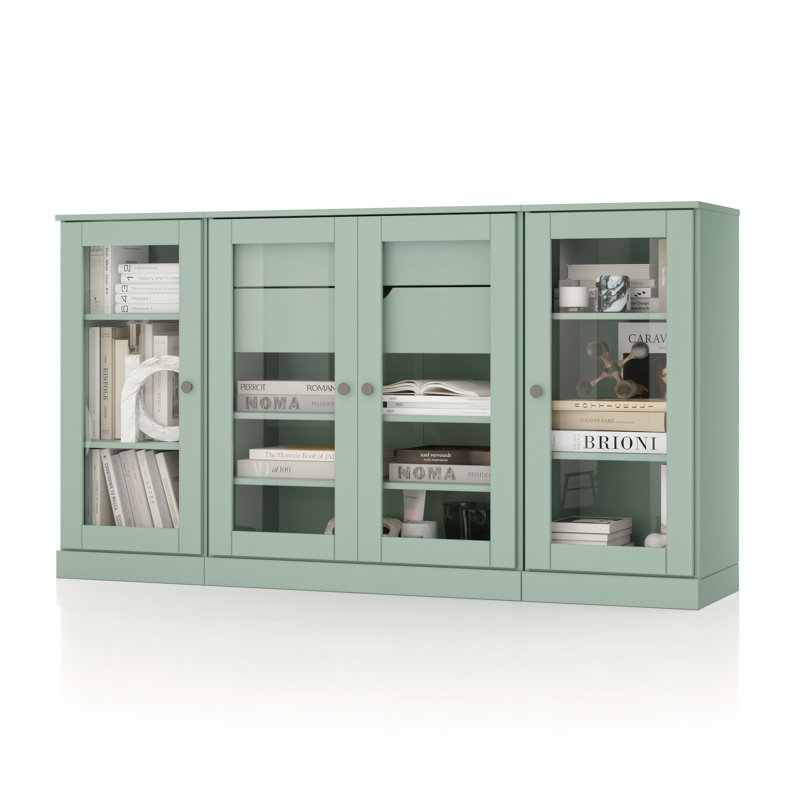 Buffet 100% bois massif 65 po avec portes en verre transparent, 2 tiroirs et tablettes réglables, Sauge